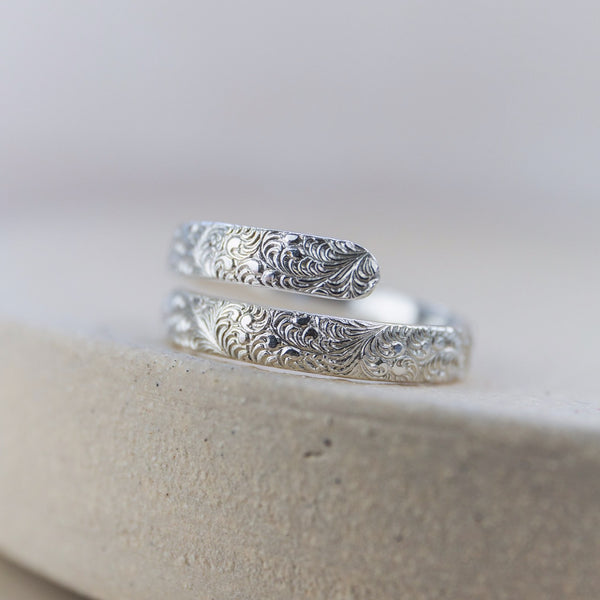 recycled sterling silver lace wrap around adjustable thumb ring handmade by Lucy Kemp Jewellery