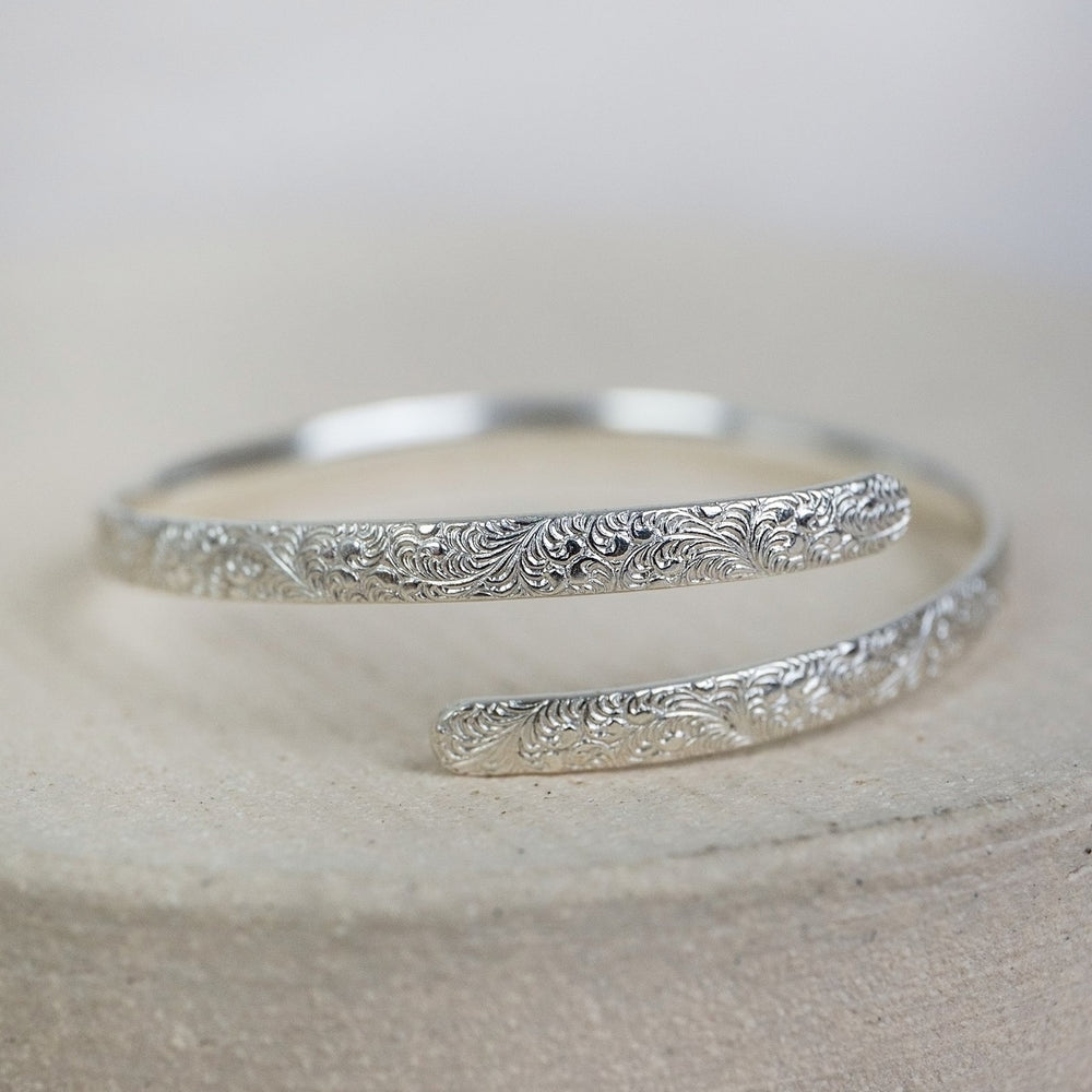 recycled sterling silver lace textured christening bangle handmade by Lucy Kemp Jewellery