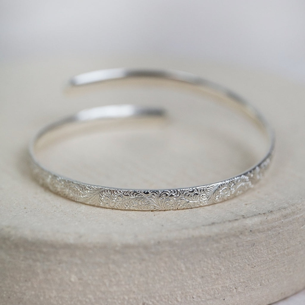 recycled sterling silver lace textured christening bangle handmade by Lucy Kemp Jewellery
