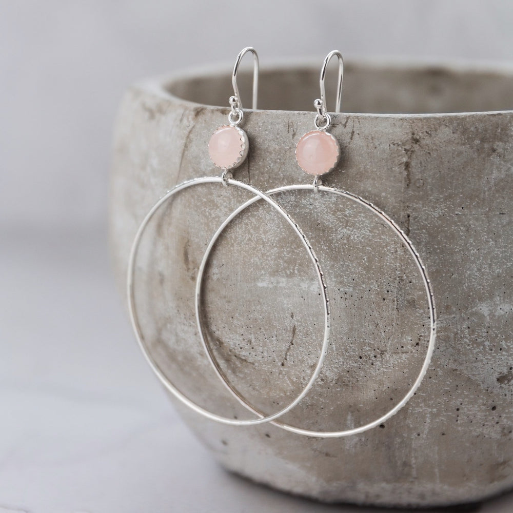 sterling silver and rose quartz gemstone dot hoop earrings handmade by Lucy Kemp Jewellery