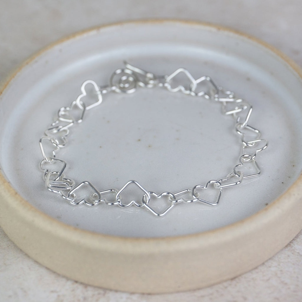 sterling silver geo heart link chain bracelet handmade by Lucy Kemp Jewellery