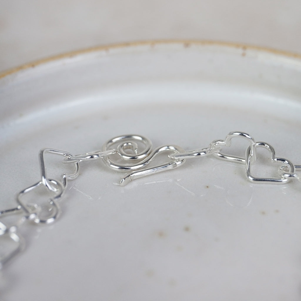 sterling silver geo heart link chain bracelet handmade by Lucy Kemp Jewellery