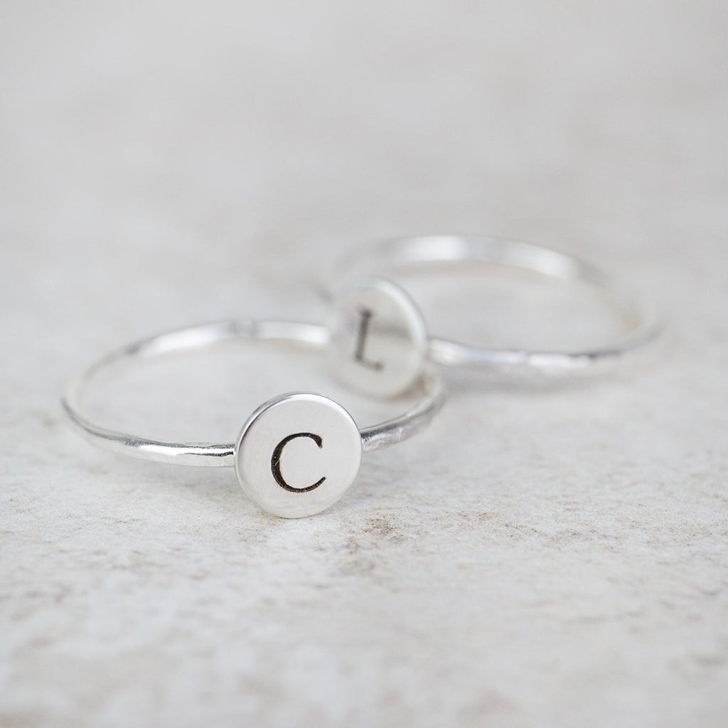 sterling silver personalised initial charm ring handmade and engraved by Lucy Kemp Jewellery  - 2 ring shot
