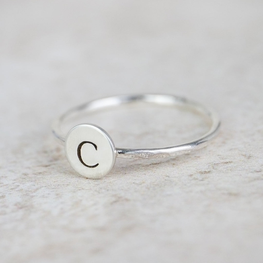 sterling silver personalised initial charm ring handmade and engraved by Lucy Kemp Jewellery 