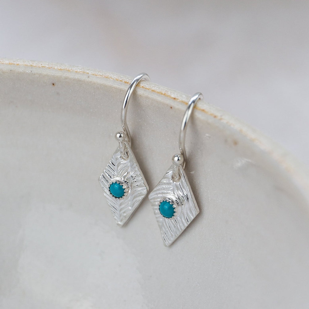 Sterling silver textured diamond and real turquoise earrings handmade by Lucy Kemp Jewellery