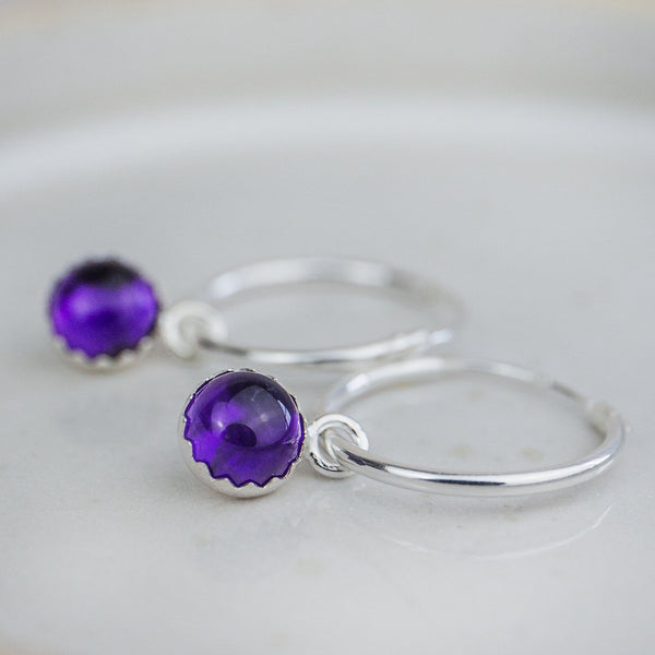 sterling silver and amethyst gemstone sleeper hoops by Lucy Kemp Jewellery