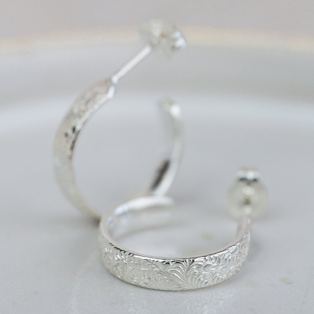 sterling silver mini lace everyday hoops by Lucy Kemp Jewellery