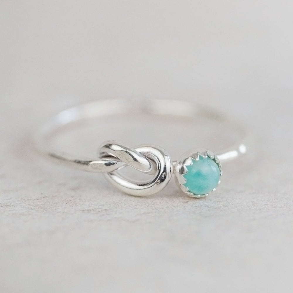 sterling silver birthstone love knot ring by Lucy Kemp Jewellery with Amazonite