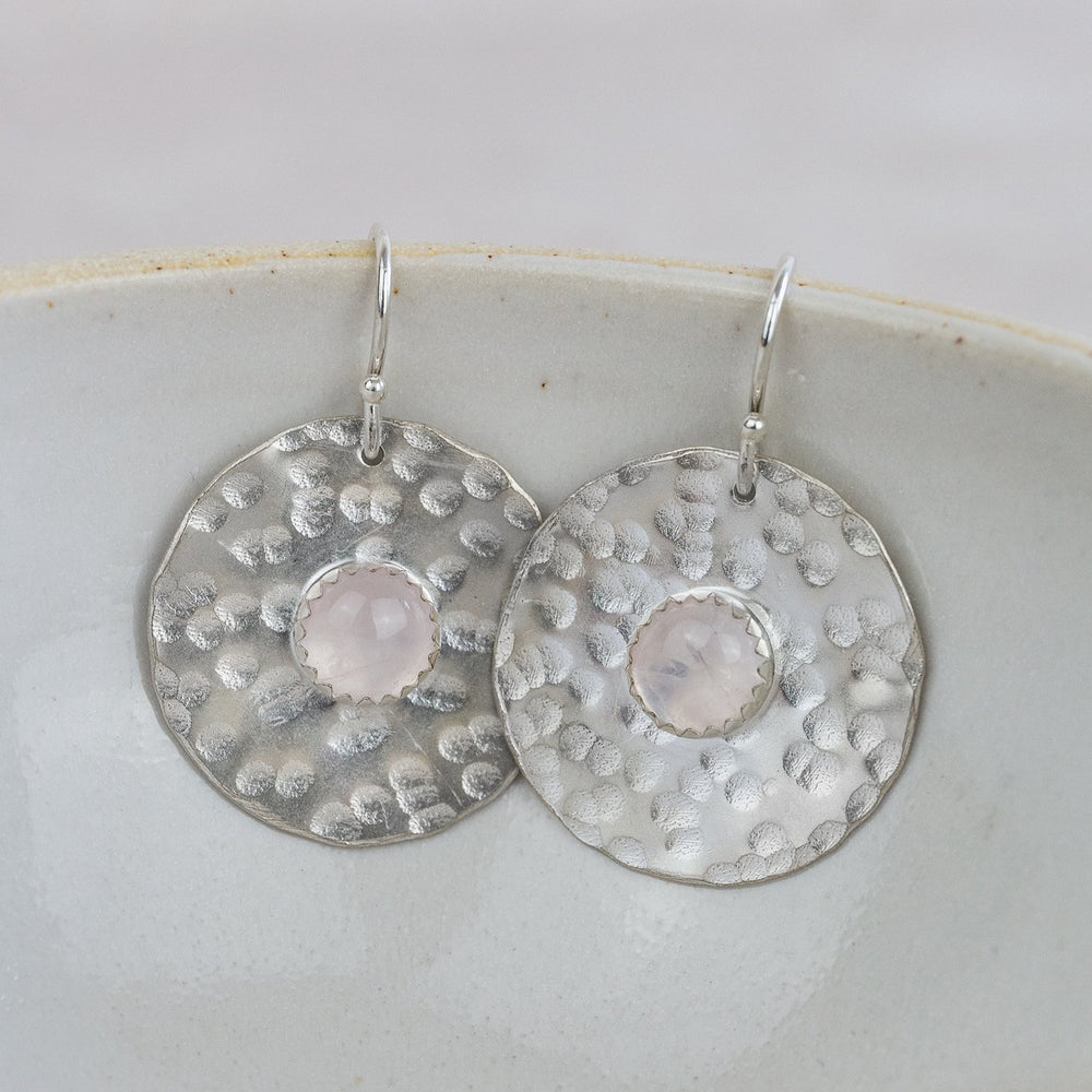 handmade sterling silver statement rose quartz shield earrings by Lucy Kemp Jewellery