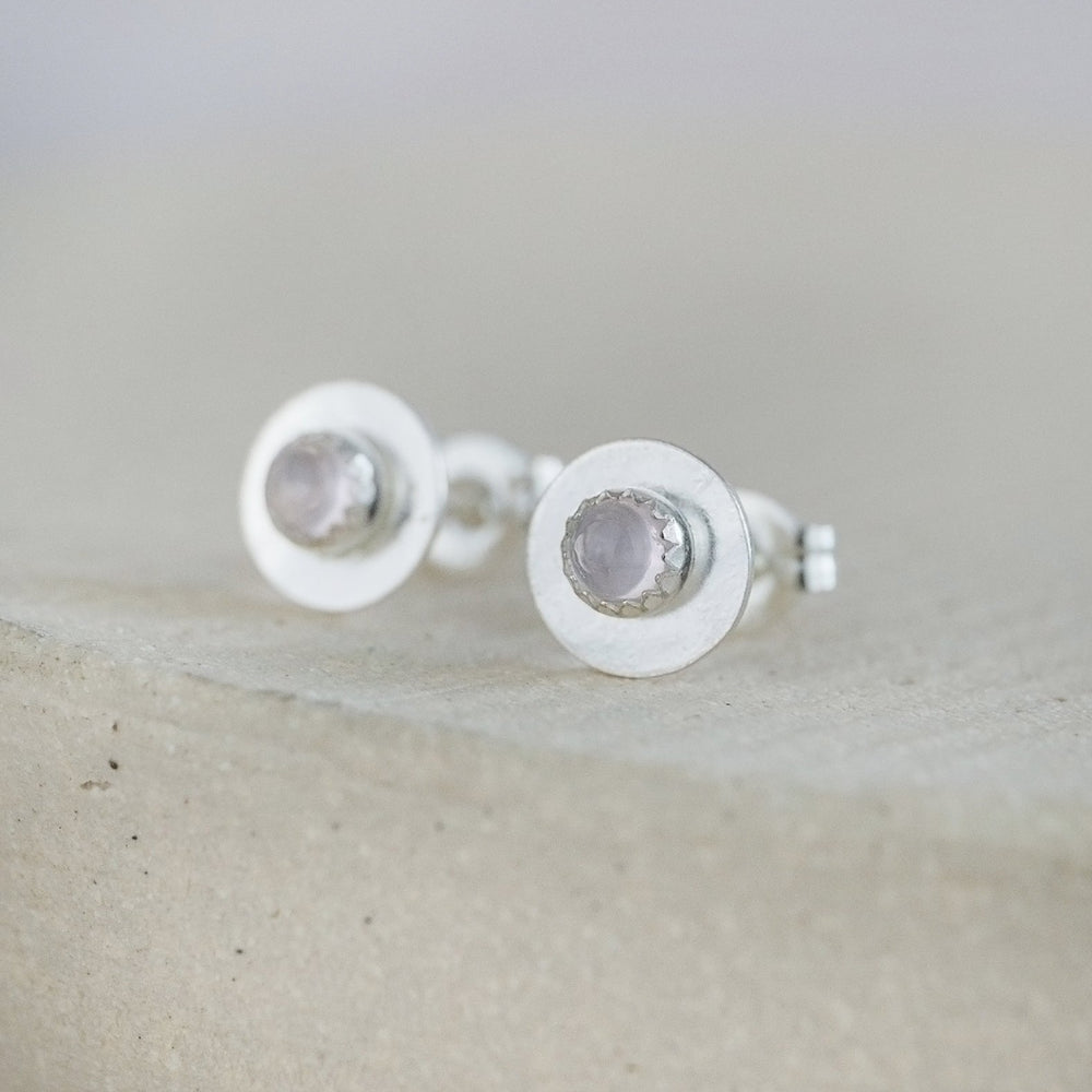 
                  
                    Rose Quartz and sterling silver birthstone small disc studs by Lucy Kemp Jewellery
                  
                