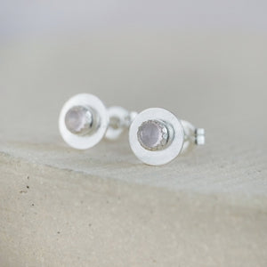 
                  
                    Rose Quartz and sterling silver birthstone small disc studs by Lucy Kemp Jewellery
                  
                