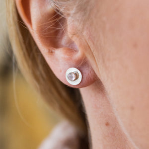 
                  
                    worn Rose Quartz and sterling silver birthstone small disc studs by Lucy Kemp Jewellery
                  
                
