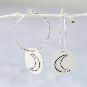
                  
                    Handmade Sterling Silver Lucy Kemp Jewellery Circle Crescent Moon charm Hoops
                  
                