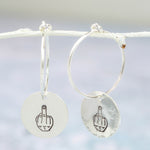 handmade sterling silver middle finger fun charm hoops by Lucy Kemp Jewellery in Cornwall