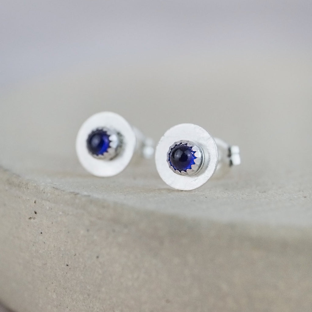 Sapphire  (SYN) and sterling silver birthstone small disc studs by Lucy Kemp Jewellery