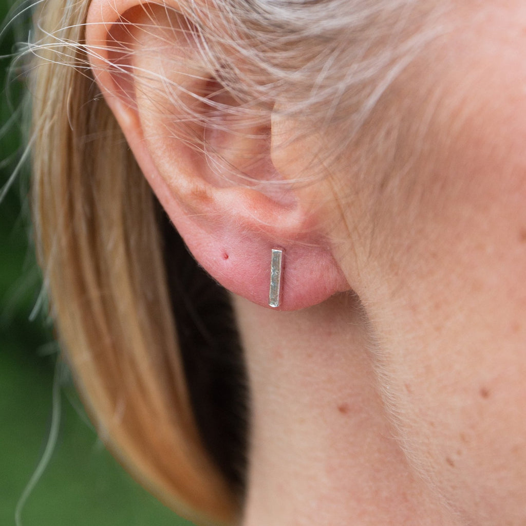 handmade sterling silver mini stick studs worn