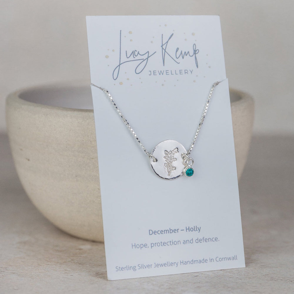 
                  
                    sterling silver hand stamped birth month flower and birthstone cluster bracelet handmade by Lucy Kemp Jewellery - December - Holly with Turquoise image
                  
                