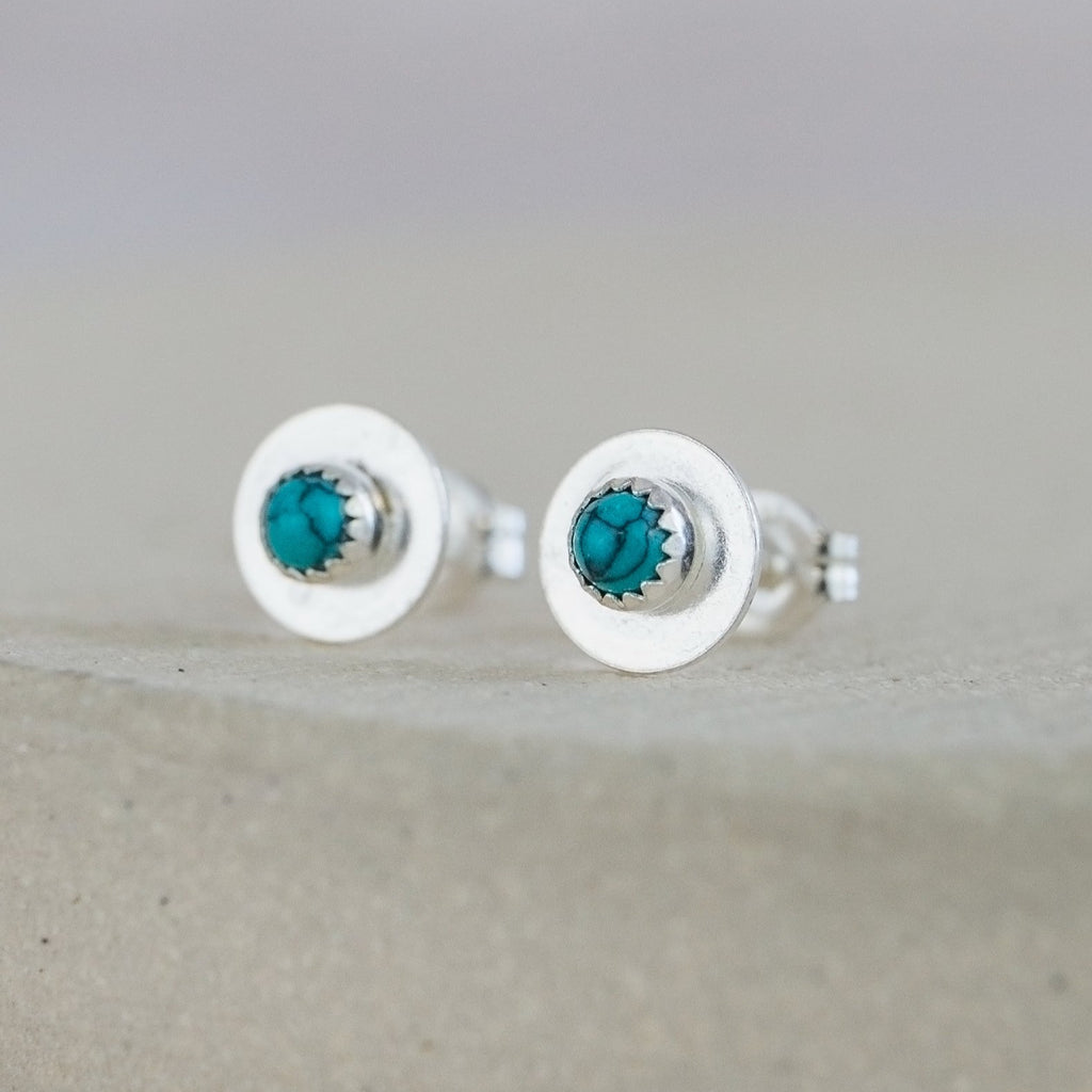 Turquoise and sterling silver birthstone small disc studs by Lucy Kemp Jewellery