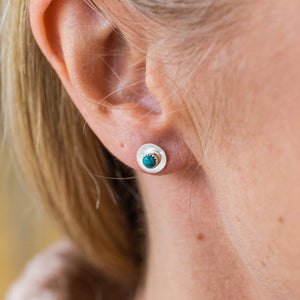 
                  
                    worn Turquoise and sterling silver birthstone small disc studs by Lucy Kemp Jewellery
                  
                