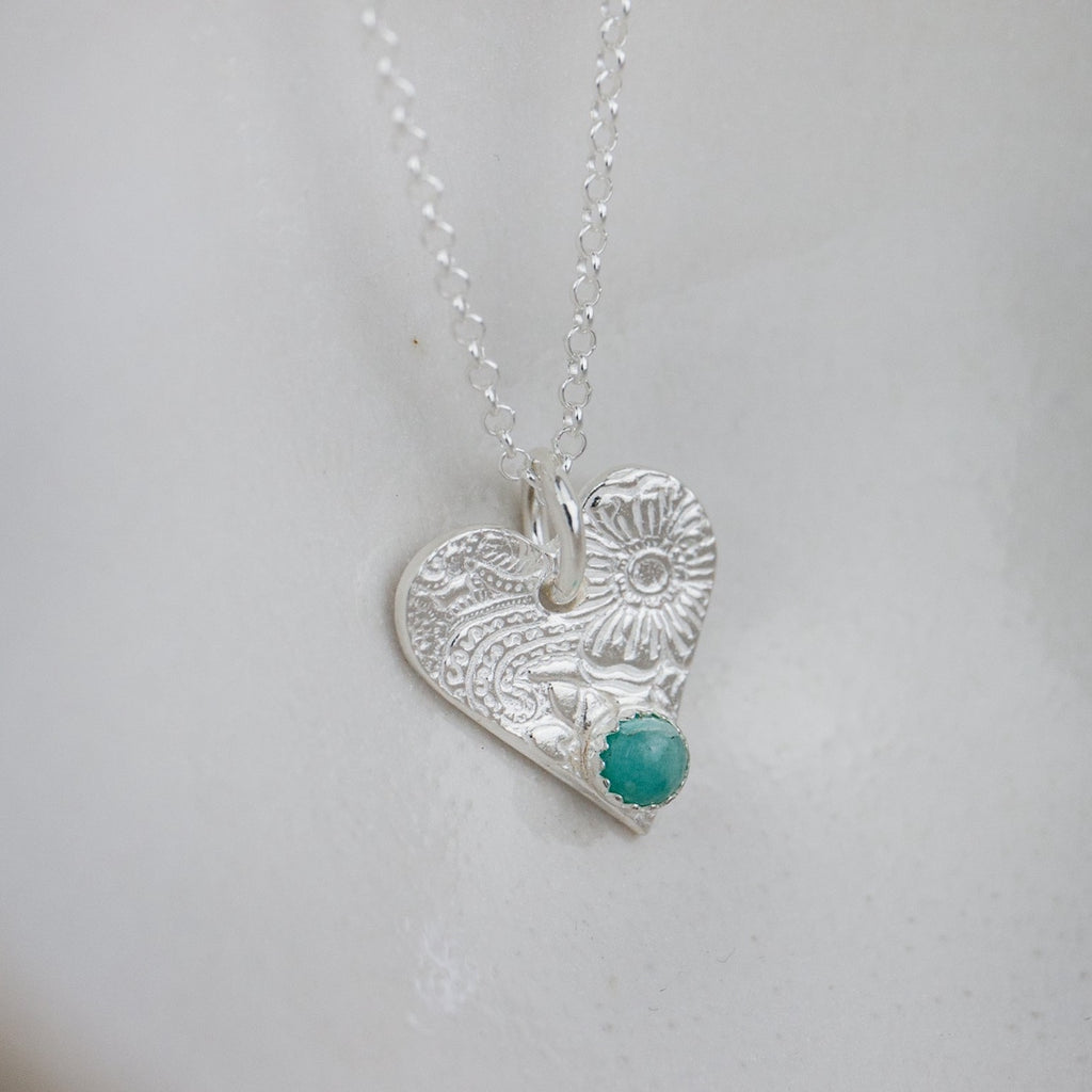 amazonite heart birthstone pendant by Lucy Kemp jewellery