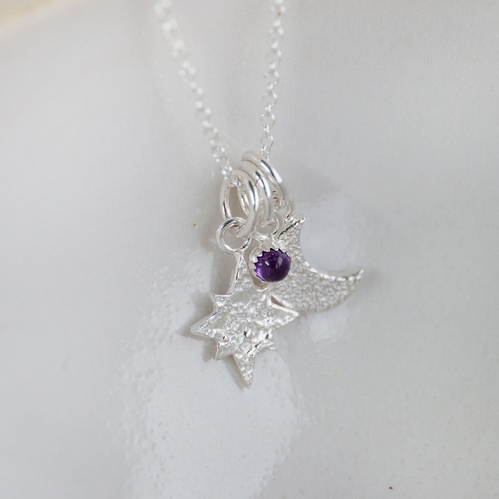 
                  
                    Handmade sterling silver star and moon birthstone cluster necklace by Lucy Kemp Jewellery
                  
                