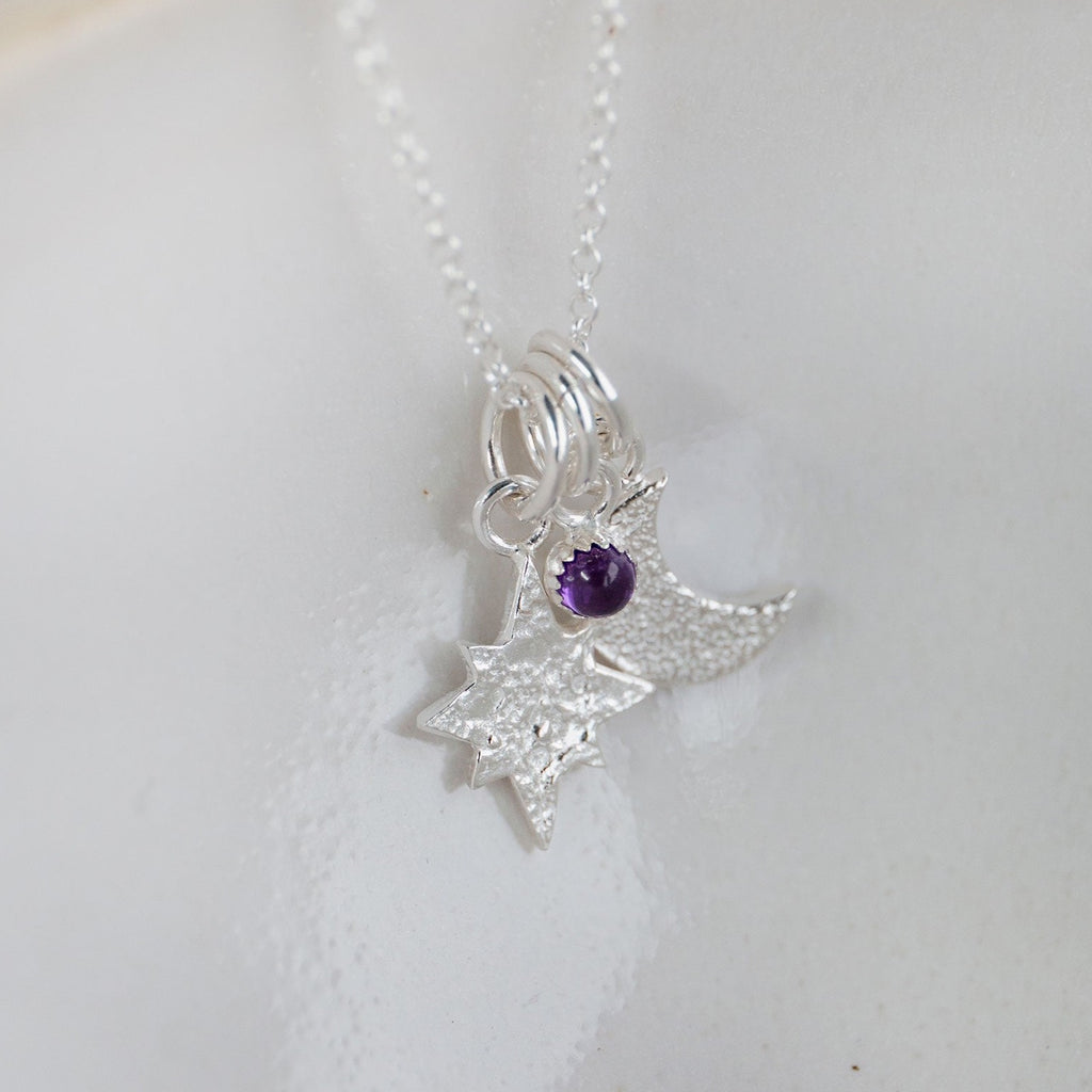 Handmade sterling silver star and moon birthstone cluster necklace by Lucy Kemp Jewellery