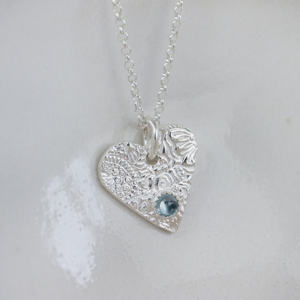 aquamarine heart birthstone pendant by Lucy Kemp Jewellery 
