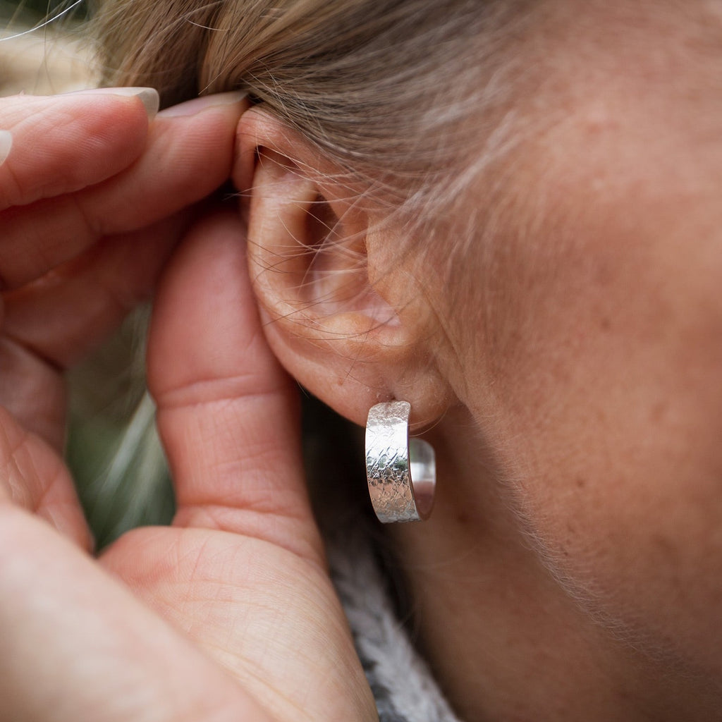 sterling silver marble textured hoops handmade by Lucy Kemp Jewellery - worn image