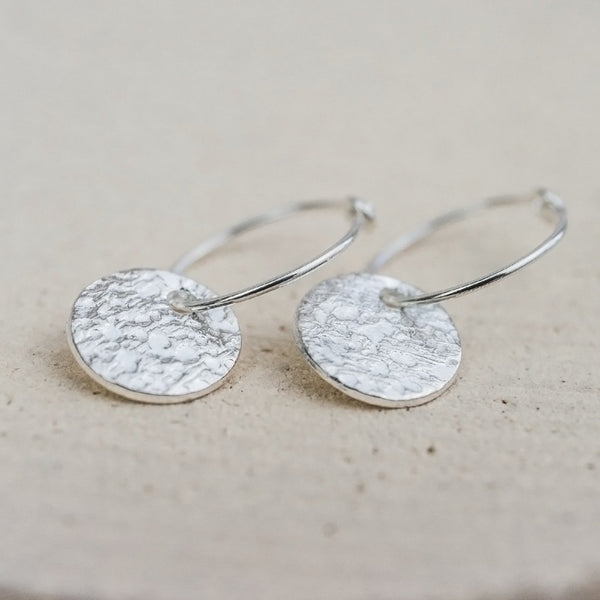 sterling silver textured circle charm wire classic hoops