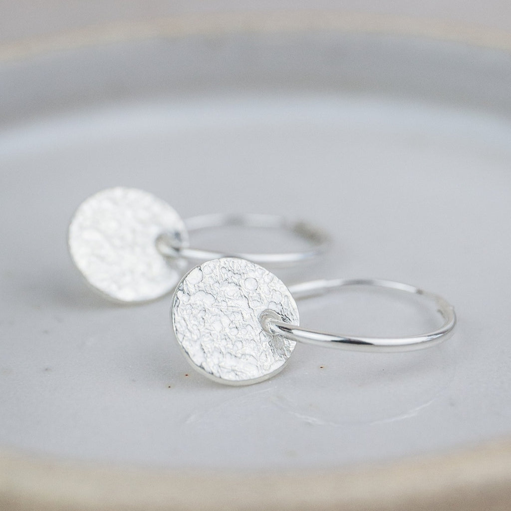 sterling silver textured circle charm sleeper hoops
