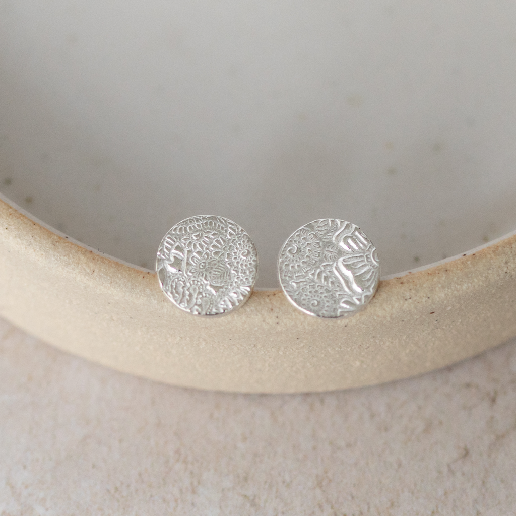 sterling silver textured circle studs by Lucy Kemp Jewellery 