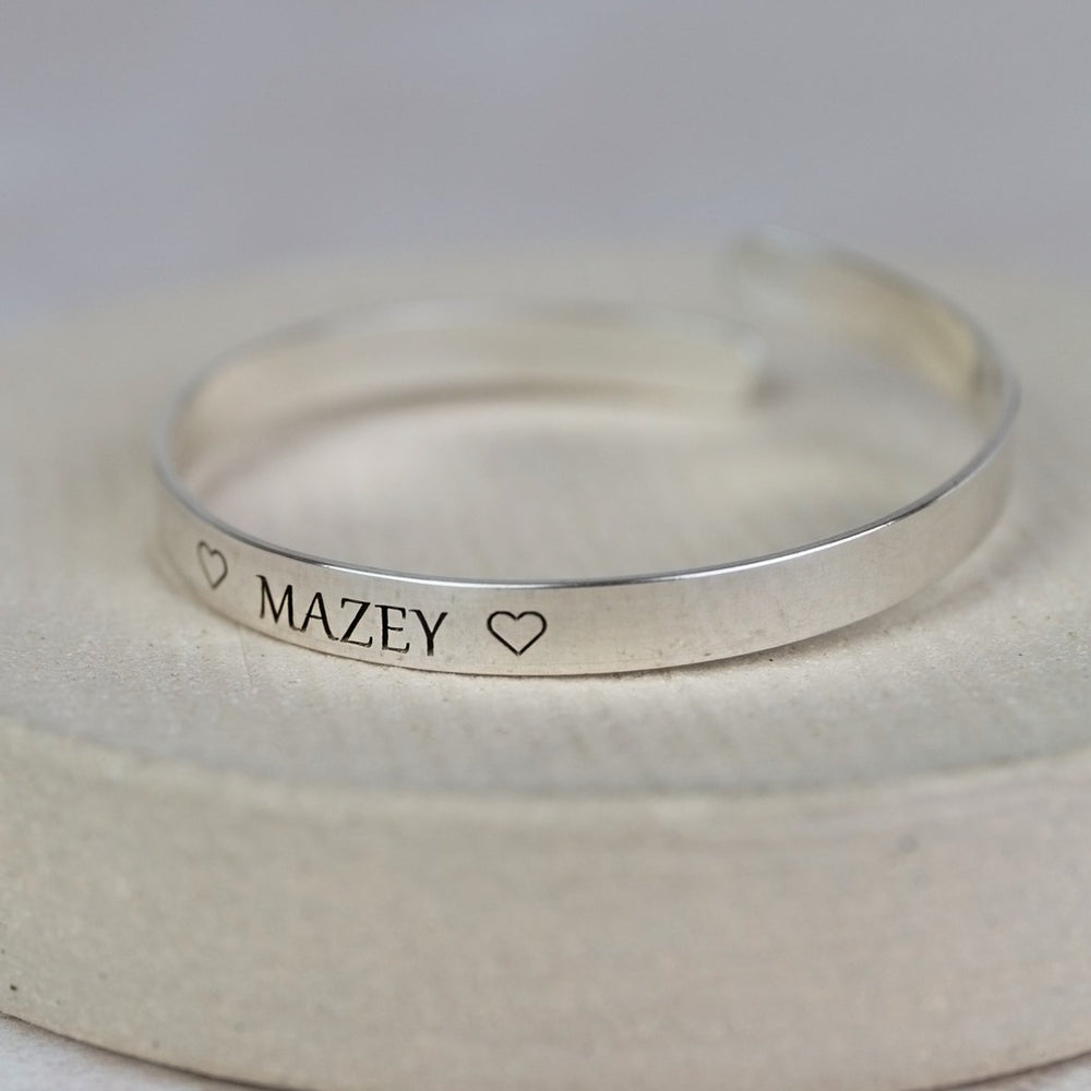 sterling silver engraved christening bangle for children handmade by Lucy Kemp Jewellery - new font