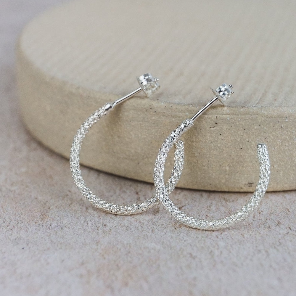 sterling silver frosted everyday hoops made by Lucy Kemp Jewellery