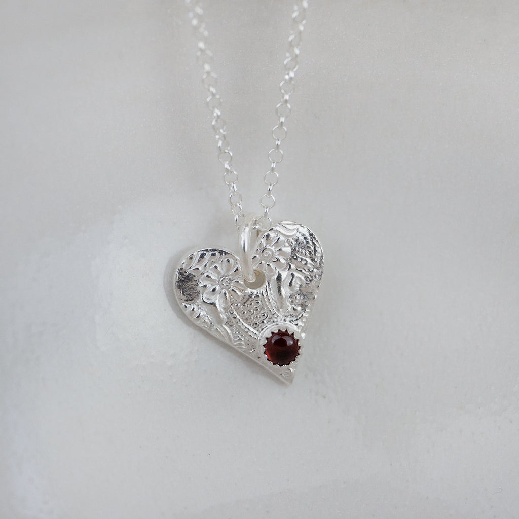 garnet heart birthstone pendant by Lucy Kemp Jewellery 