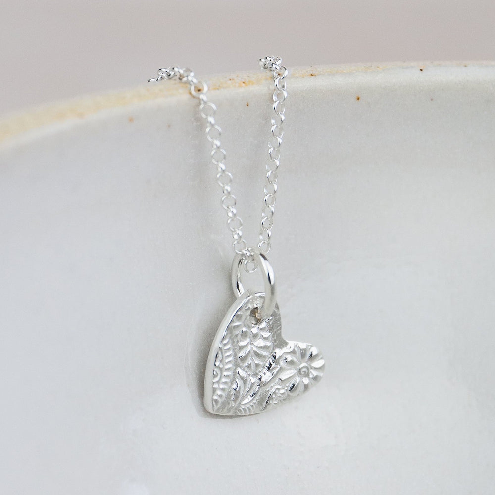 sterling silver small textured heart pendant by Lucy Kemp Jewellery