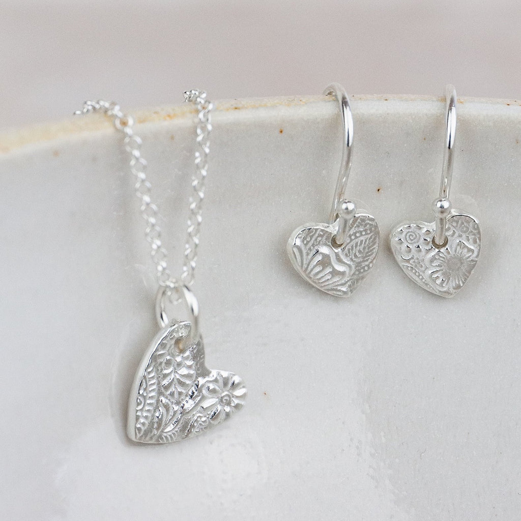 sterling silver small textured heart pendant and earrings set by Lucy Kemp Jewellery