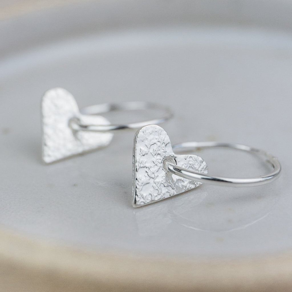 sterling silver textured heart charm sleeper hoops