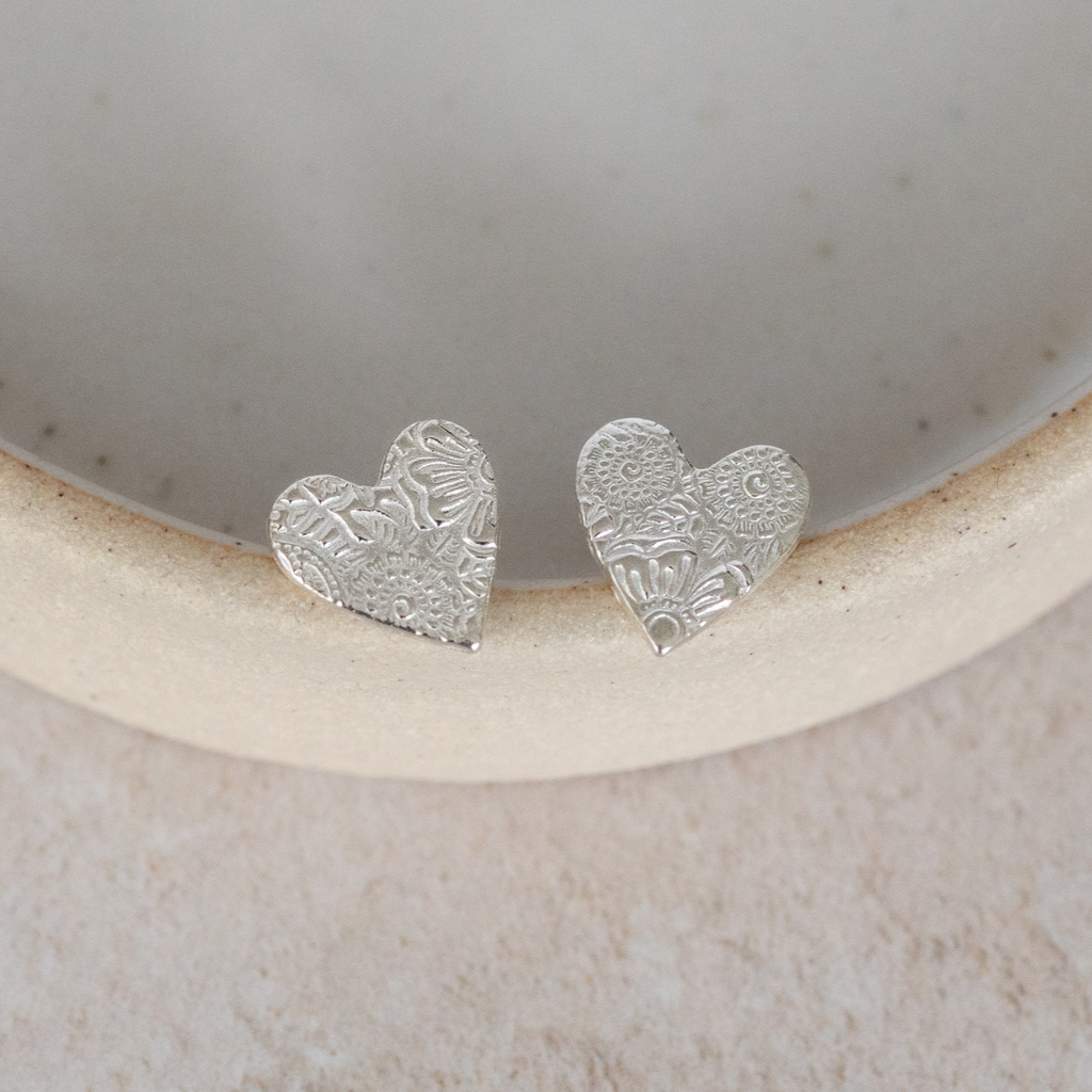 Sterling silver textured heart studs by Lucy Kemp jewellery