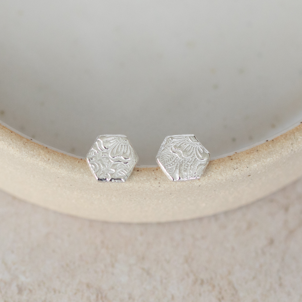 Sterling silver textured hexagon studs by Lucy kemp jewellery