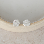 Sterling silver textured hexagon studs by Lucy kemp jewellery