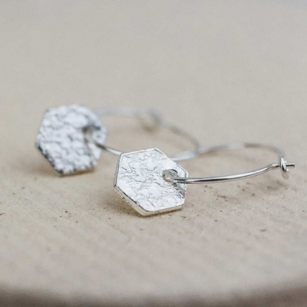 sterling silver textured hexagon charm classic wire hoop