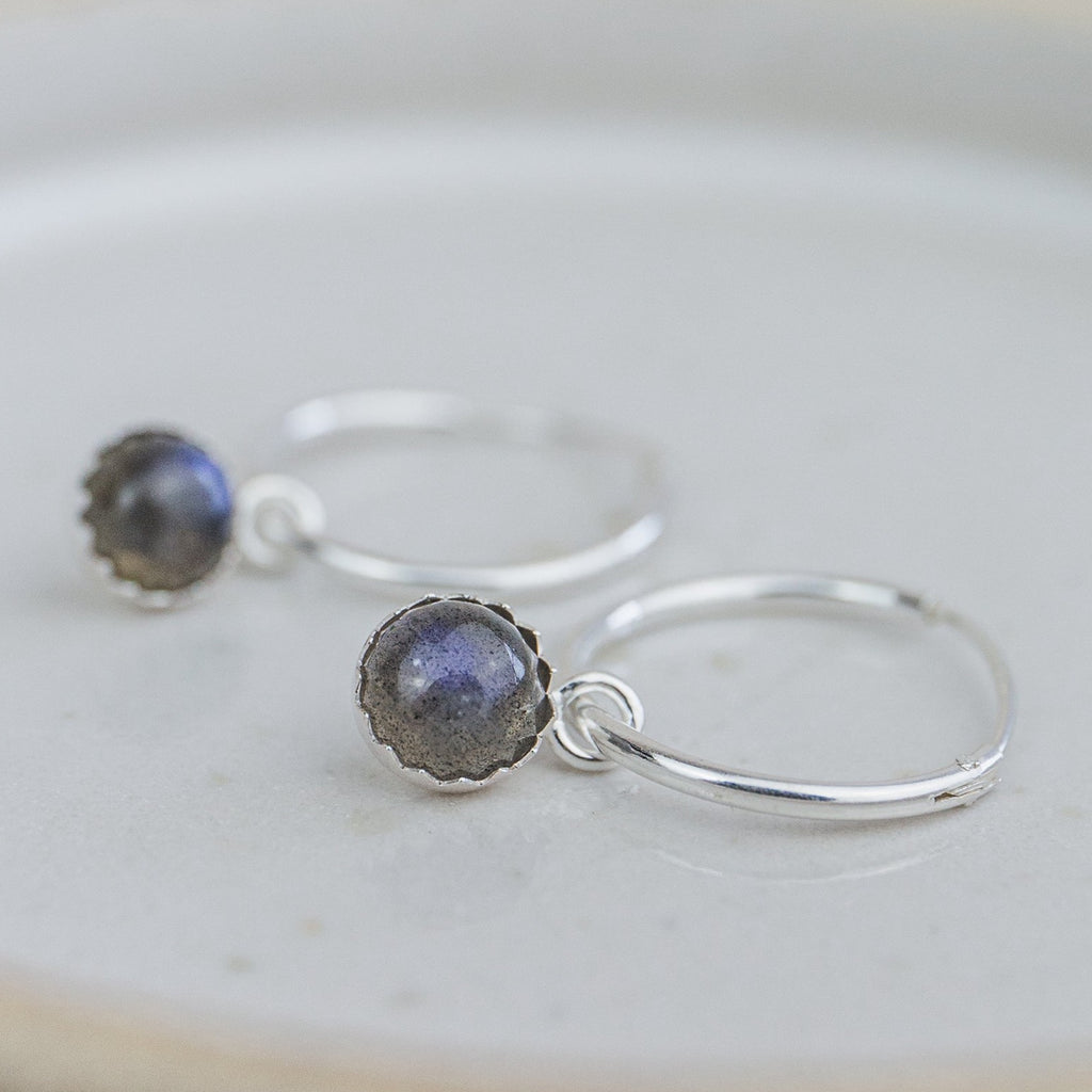 labradorite sleeper gemstone hoops by Lucy Kemp Jewellery 