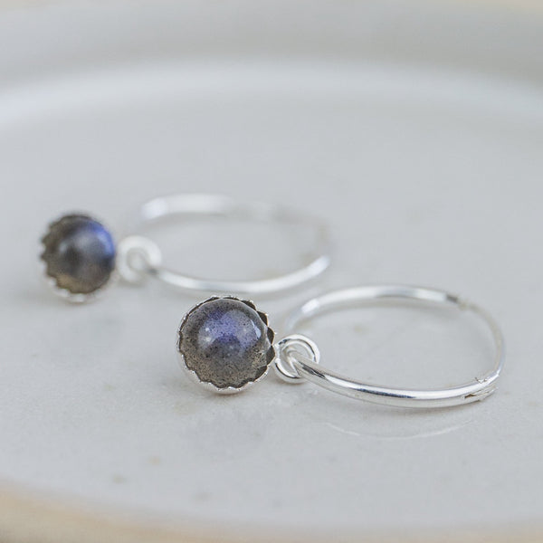 labradorite sleeper gemstone hoops by Lucy Kemp Jewellery 