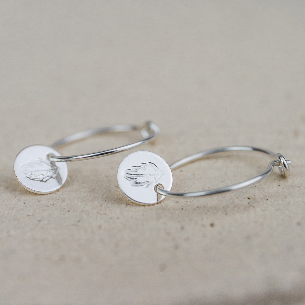 sterling silver stamped leaf hoops