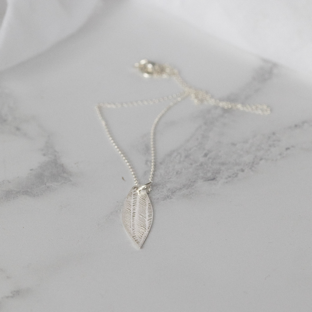 sterling silver textured palm leaf pendant by Lucy Kemp Jewellery