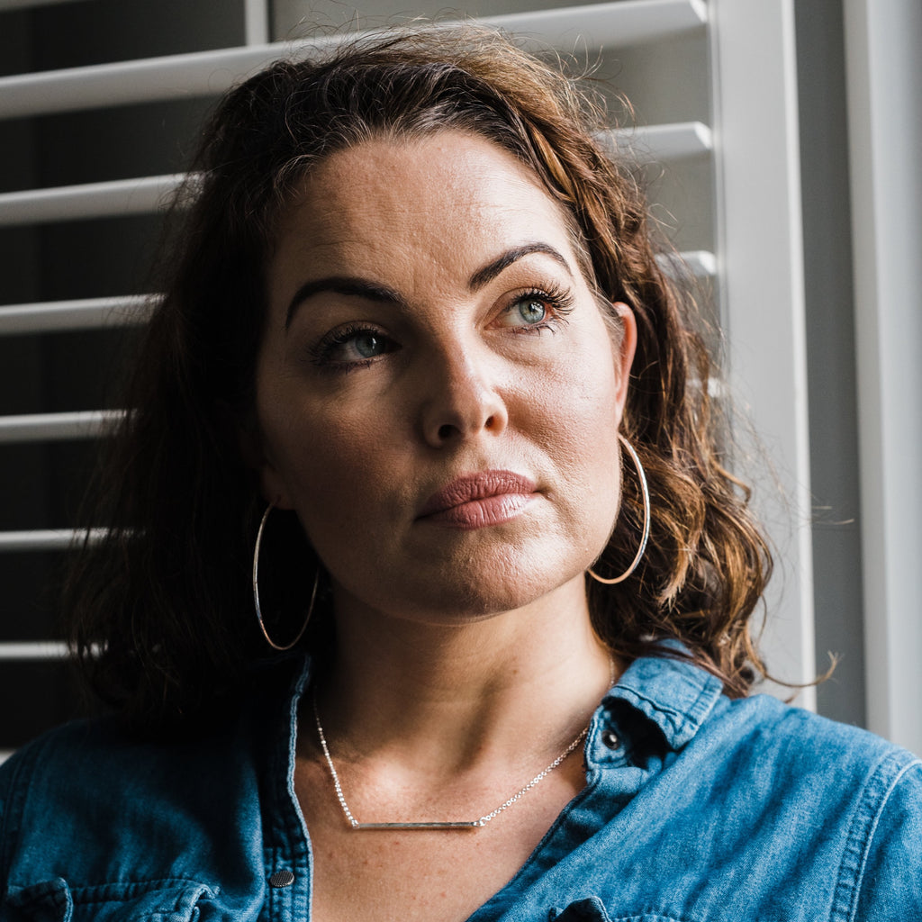 sterling silver bar necklace worn photo by Lucy Kemp Jewellery