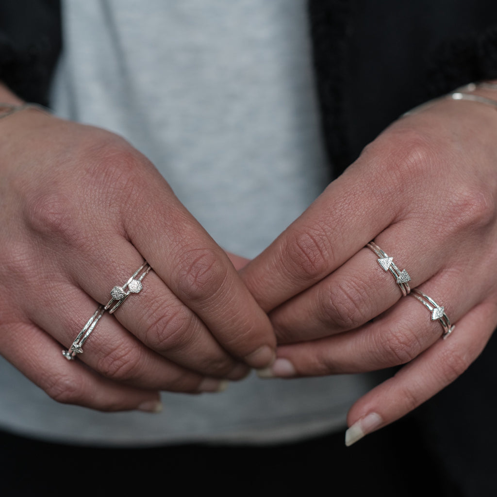 sterling silver mini moon charm ring worn, handmade by Lucy Kemp Jewellery 