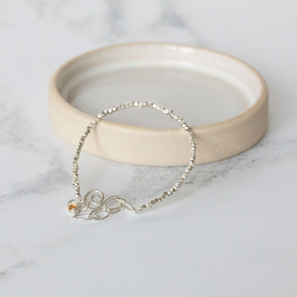 sterling silver mini nugget birthstone bracelet handmade by Lucy Kemp Jewellery with citrine