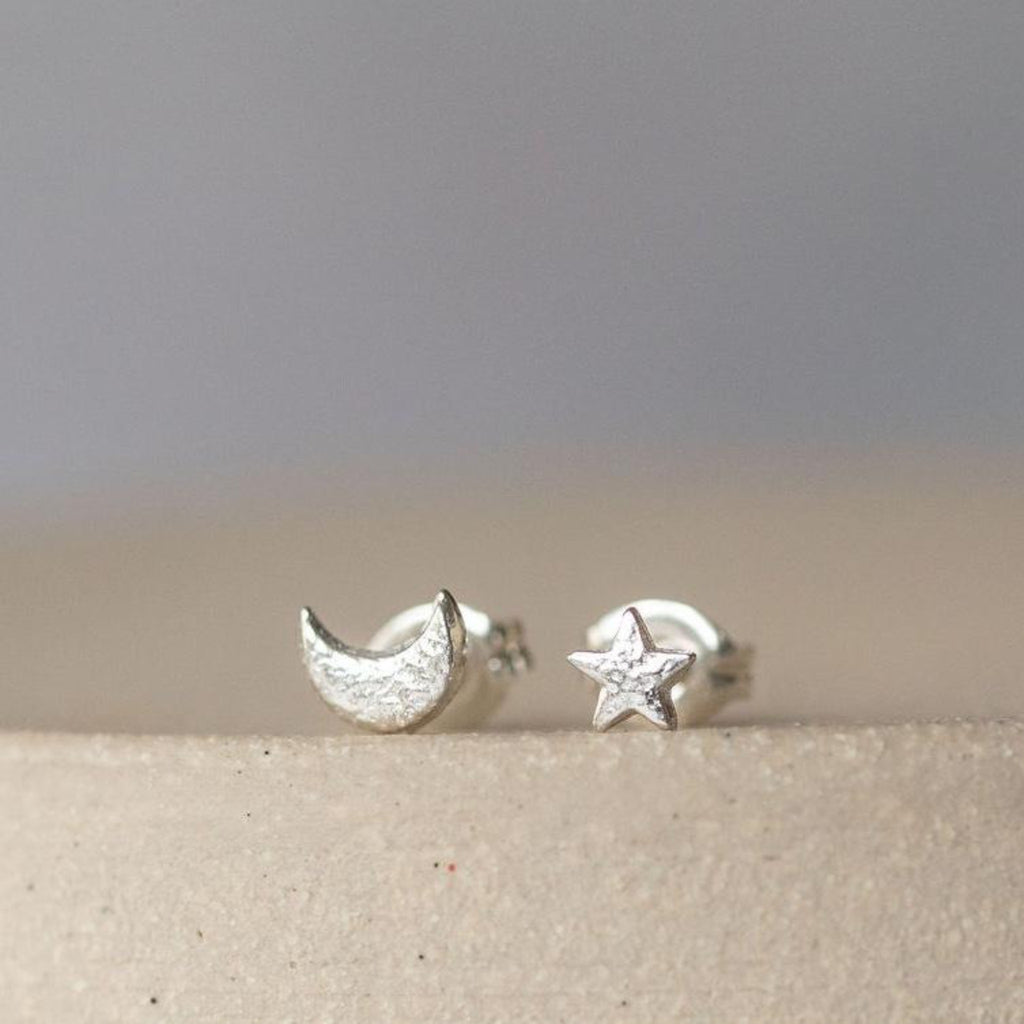 sterling silver textured mini mismatch moon and star studs