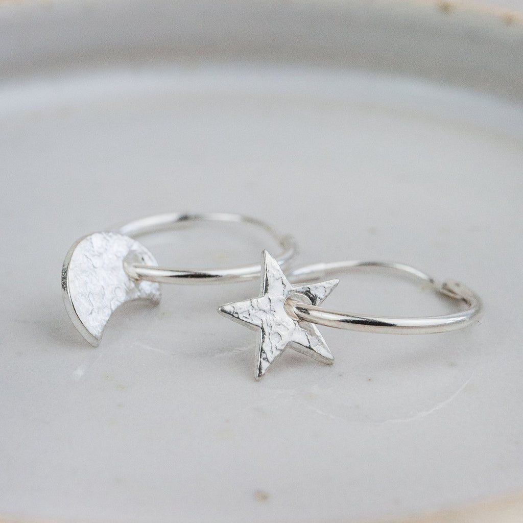 Handmade Sterling Silver Lucy Kemp Jewellery Star and Moon Charm sleeper Hoops